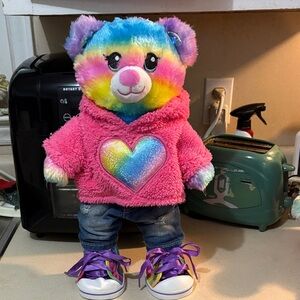 Build a bear Rainbow Plush Bear with Pink Heart Hoodie